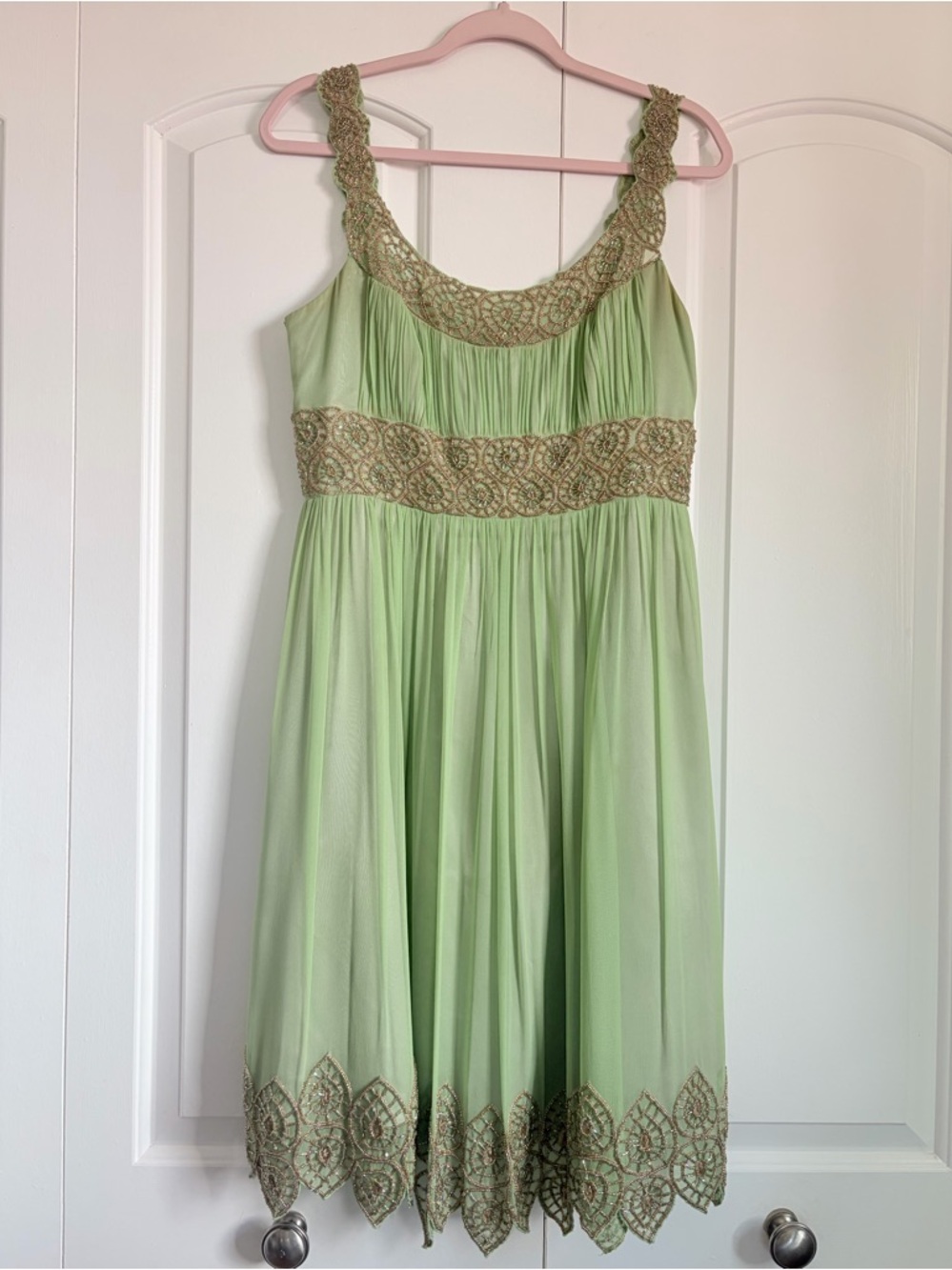 Adrianna Papell Green Gold Beaded Chiffon Dress
